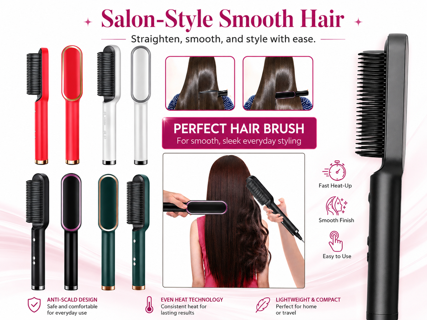 Hair Straightener Brush Straightening Curler Hot Comb Electric Adjustable Heat
